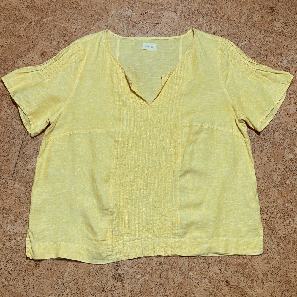 Poetry 100% Linen Pintuck Short Sleeve Top In Yellow Sz 14